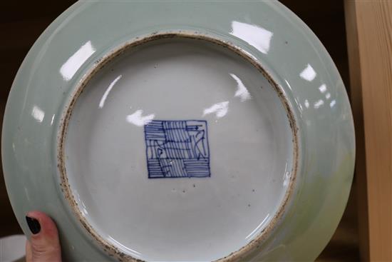Two Chinese tea bowls , Cantonese cup and saucer, plate and two dishes